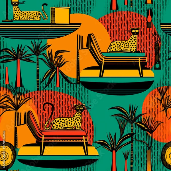 Fototapeta Repeating Pattern: Leopards on Chaise Lounges with Palm Trees