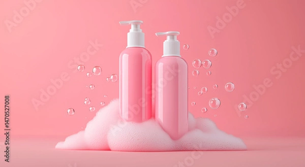 Fototapeta Two Pink Pump Bottles in Foam on Pink Background