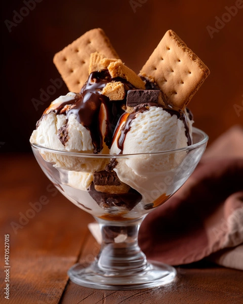 Fototapeta Vanilla Ice Cream Sundae with Chocolate Sauce and Graham Crackers