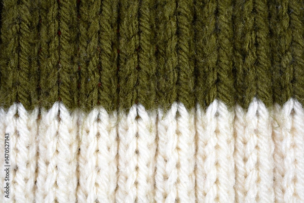 Fototapeta Detailed white and army green wool texture background. Rib stitch knitting pattern. 
