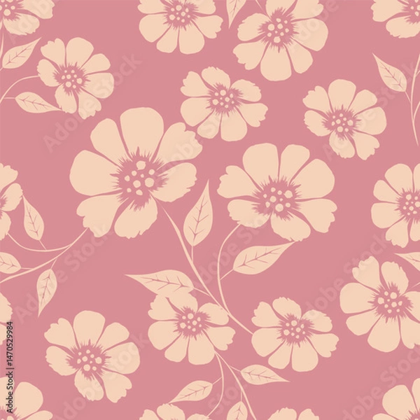 Fototapeta modern cotton flower seamless texture, outline hand drawn floral pattern, trendy one line textile pillow design, fashion wrapping paper sketch art, stylish home inspired print