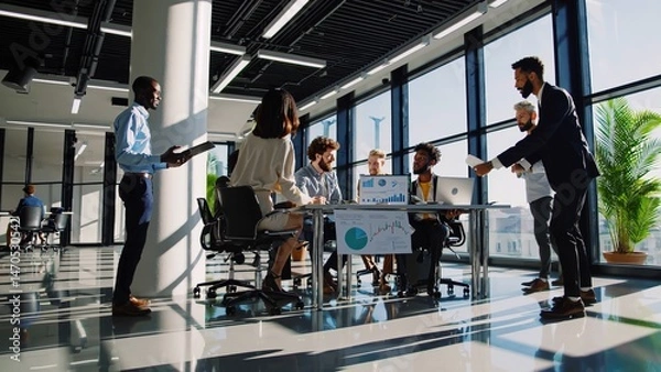 Obraz Diverse business team collaborating on project, analyzing charts and reports, engaging in discussion, sharing ideas, and working together in a modern office space with large windows