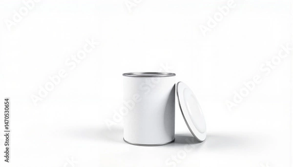 Fototapeta Cylindrical paint can with lid detached on white background, mockup concept