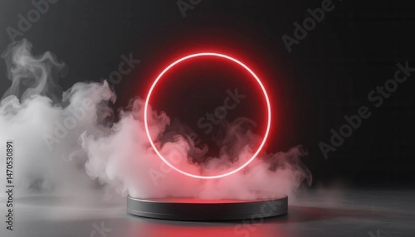 Fototapeta 3D Product Display with Red Neon Circle and Smoke in Dark Room