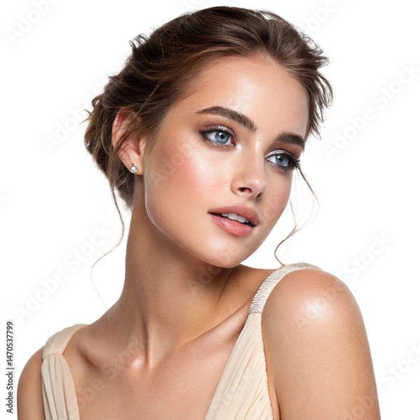 Obraz young woman with flawless skin and natural makeup poses gracefully, showcasing her beauty and elegance. Her soft features and bright eyes create captivating look