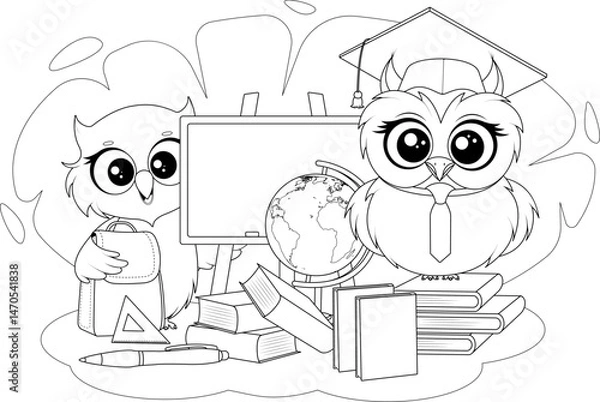 Fototapeta Printable Coloring Page with Cute School Owls and Educational Elements. Line Art for Kids