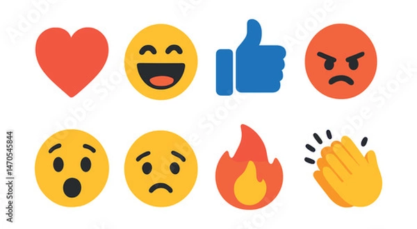 Fototapeta Flat vector icons of social media reactions: heart icon, laugh emoji, thumbs up, angry face, surprised emoji, sad reaction, fire symbol, clapping hands.