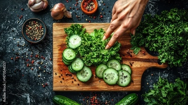 Fototapeta Woman's hand arranging sliced cucumbers and lettuce on a wooden board.