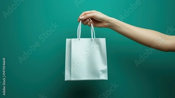 Fototapeta Woman's hand holding a blank white paper shopping bag against a teal background.