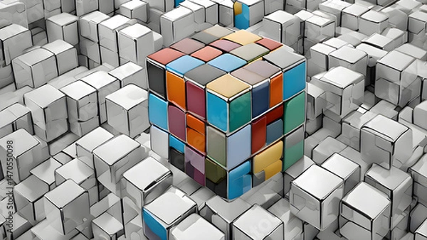 Fototapeta A colorful cube is placed in the middle of a large group of monochrome boxes, creating a visual contrast in the abstract setup