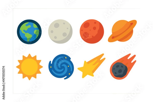 Fototapeta Flat vector icons of celestial objects: Earth from orbit, full Moon, Mars with craters, planet Saturn with rings, shining Sun, galaxy spiral, shooting star, asteroid with trail.