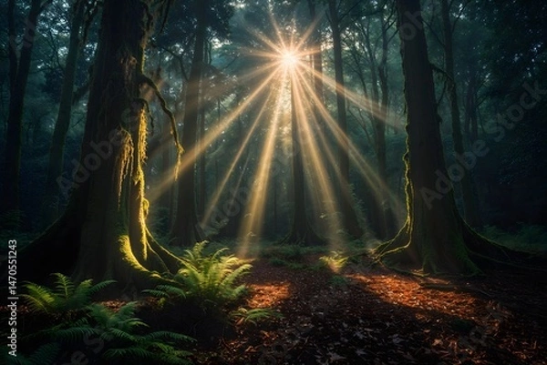 Fototapeta Rays of light penetrate through the crowns of large trees in the forest.