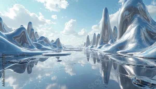 Fototapeta Abstract chrome landscape with reflective liquid titanium surface, futuristic texture. Modern aesthetic. Metallic design, surreal digital art, alien world. Concept art. Blue sky with clouds above