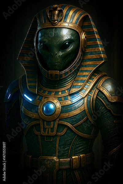 Obraz digital ilustration of sci-fi Extraterrestrial Ancient Alien Pharaoh in Futuristic Egyptian Armor, generative AI