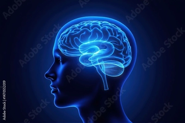 Fototapeta Blue - Glowing Side View of a Human Brain against a Dark Blue Background, Highlighting Brain Structure and a Sense of Technology, Ideal for Neuroscience, Technology, and Futuristic - Themed Projects.