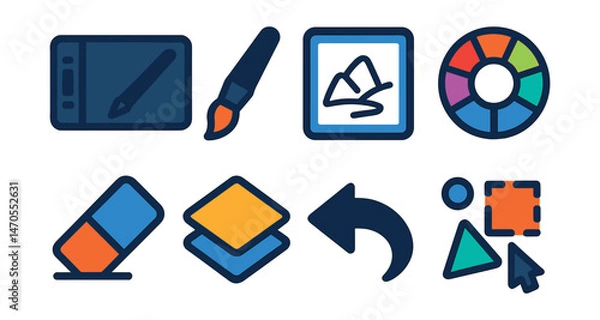 Fototapeta Flat vector icons of digital drawing tools: graphic tablet with pen, stylus brush tip, tablet screen with sketch, color palette wheel, digital eraser tool, layer icon, undo arrow, shape tool selector