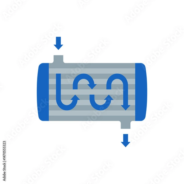 Obraz Illustration of a heat exchanger with blue arrows indicating fluid flow and gray cylindrical body