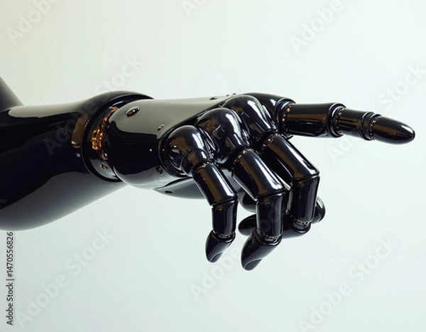 Obraz Futuristic Black Robotic Hand Pointing Gesture on white background, generative AI