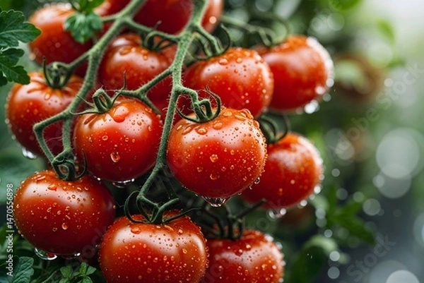 Obraz bright red tomatoes, still hanging from the vine, sparkle with droplets of fresh water.
