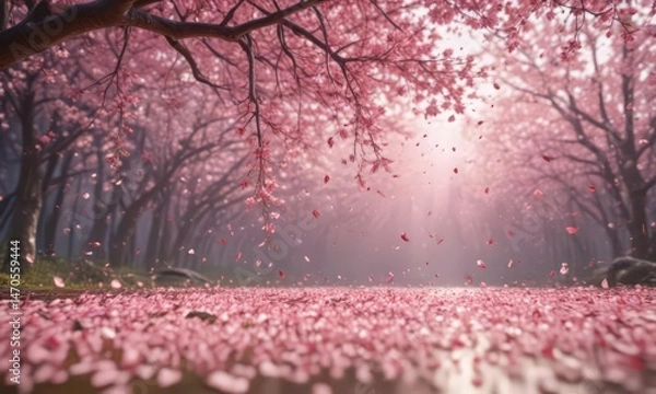 Fototapeta Falling sakura petals create a vibrant pink haze against a blurry spring backdrop ,  design,  pretty