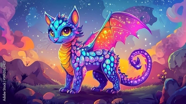 Fototapeta Colorful fantasy cat dragon illustration