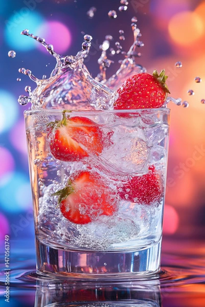 Fototapeta Fresh strawberries splashing into a glass of water with colorful bokeh background. Vibrant, refreshing concept of fruity hydration and healthy summer drink.