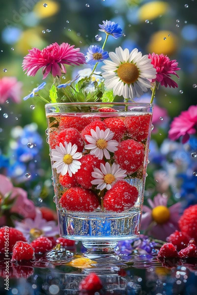 Fototapeta Glass filled with raspberries and wildflowers in water, surrounded by colorful blooms and water drops. Refreshing summer still life with vibrant and romantic garden vibes.