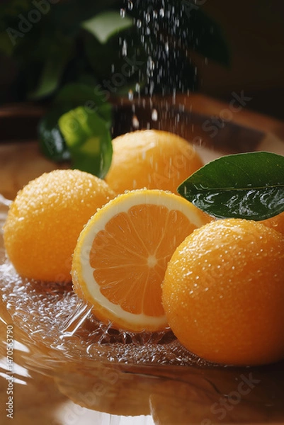 Fototapeta Fresh oranges with water drops and green leaves on a wooden surface. Juicy sliced citrus fruit in natural light, symbol of vitamin C and healthy lifestyle.