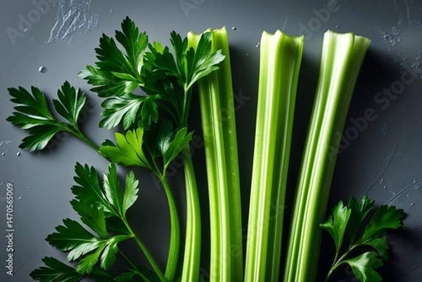 Obraz close-up of fresh green celery stalks and parsley leaves, harmoniously arranged on a dark gray, slightly textured background