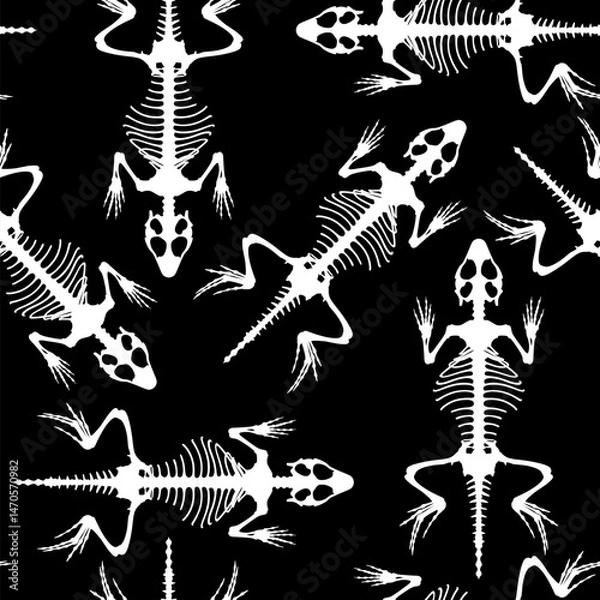 Fototapeta Seamless Pattern for Halloween. Skeletal system of animals. White lizard bone structure isolated on a black background. 
