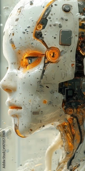Fototapeta Detailed Robotic Head with Complex Circuitry and Synthetic Skin in Side View, Displaying Advanced Engineering and Technological Marvel