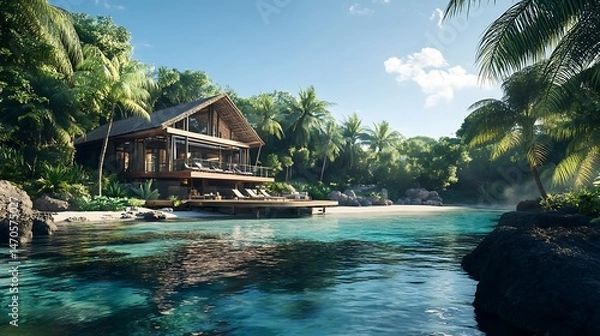 Fototapeta Stunning beach villa surrounded by lush plants and turquoise waters high resolution picture