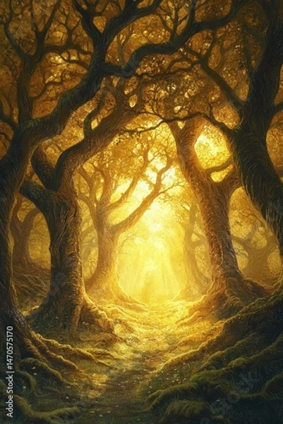 Fototapeta sacred grove of ancient oak trees, their twisted branches reaching skyward in a cathedral-like canopy