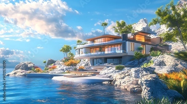 Fototapeta Stunning oceanview property with luxury home and infinity pool high resolution picture