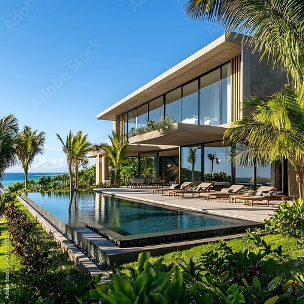 Fototapeta Stunning ocean view from modern villa with infinity pool at sunset high resolution picture