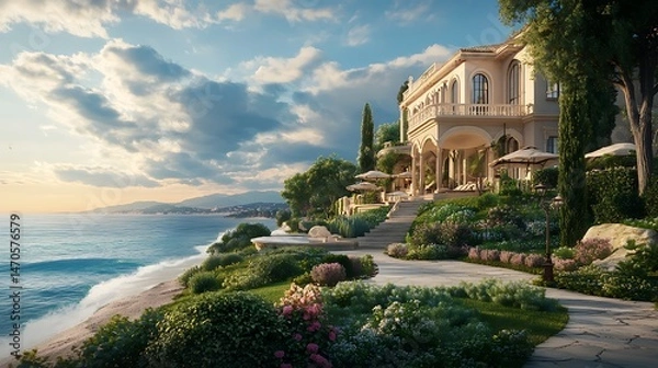 Fototapeta Stunning seaside villa overlooking ocean with infinity pool at sunset high resolution picture