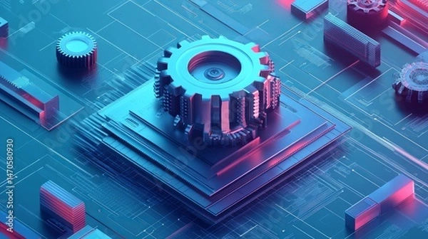 Fototapeta Abstract technology gear background digital design modern futuristic 3d blue pink data metal purple