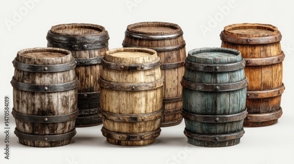 Obraz Set of old wooden barrels, rustic and vintage, isolated on background