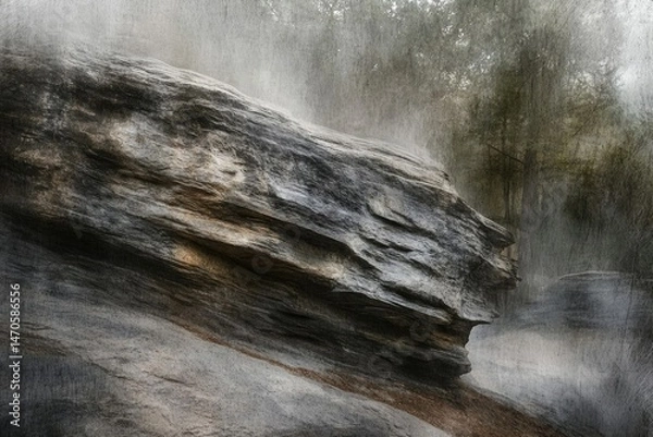 Fototapeta A large, textured rock formation dominates the foreground, set against a softly blurred forest backdrop.