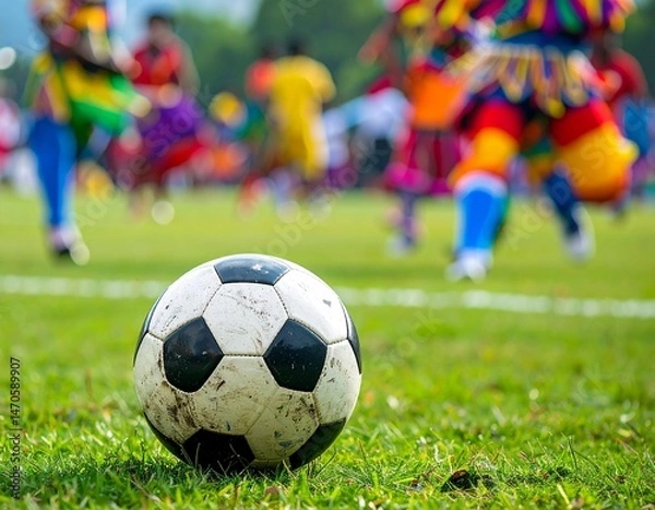 Fototapeta Soccer Ball on Field with Players in Action