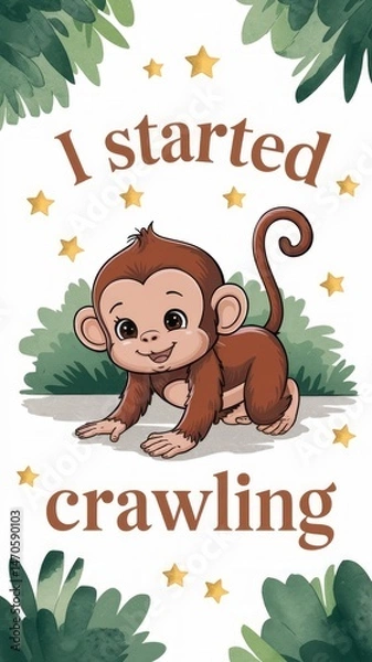 Fototapeta Charming Baby Milestone Card – ‘I Started Crawling’ with Cartoon Monkey and Watercolor Greenery Generative AI