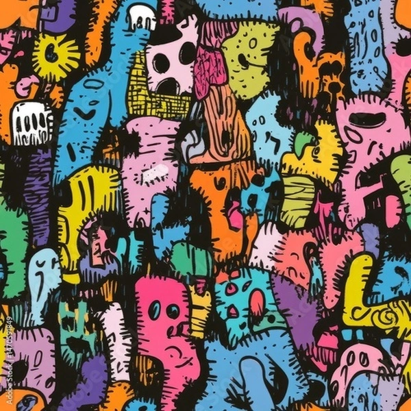 Fototapeta Colorful Abstract Art: A vibrant tapestry of playful shapes, featuring a variety of expressive creatures and quirky forms, intricately woven together in a dynamic composition.