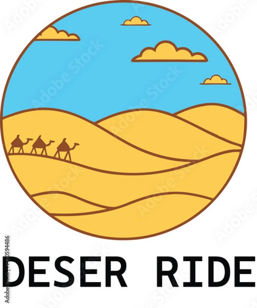 Fototapeta "Desert Ride" Emblem: Circular Landscape Featuring Camels Traversing Sand Dunes Under a Blue Sky with Clouds, Ideal for Travel and Adventure Themes.