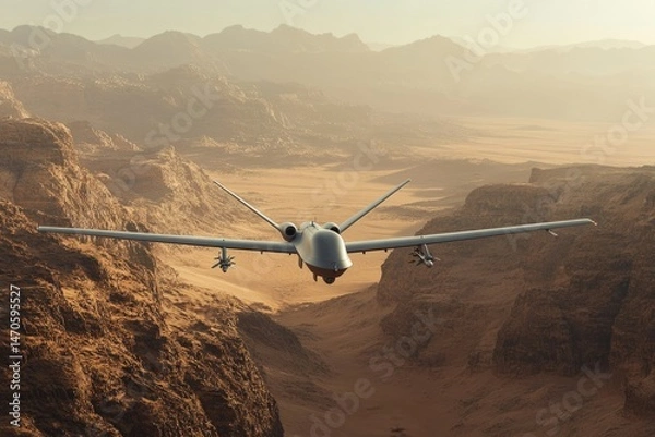 Fototapeta A military drone flies over a desert landscape, showcasing its surveillance and potential strike capabilities.