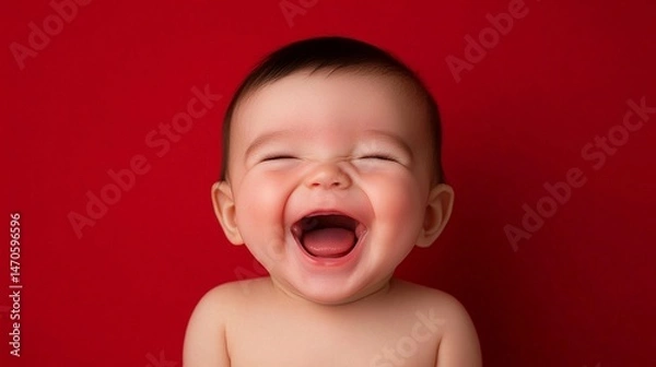 Fototapeta Baby's joyful laugh against red