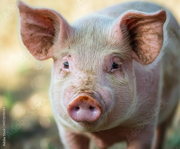 Fototapeta Cute portrait of a pig raised outdoors in the wild with copy space