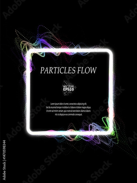Fototapeta Colored sound waves from particles on a black background. Contrast emphasizes the difference in structure. Abstract style, sound design, data visualization.
