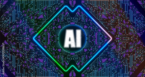 Fototapeta The central microchip with the inscription is surrounded by glowing conductors, creating a cyber-tech style. The dark background and neon lighting emphasize the effect of the motherboard of the future