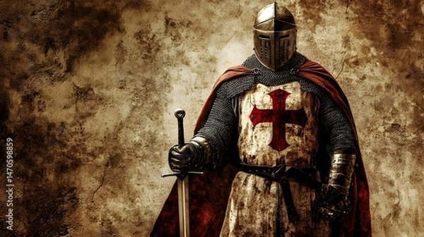Fototapeta Man dressed as a medieval knight with armor and a sword