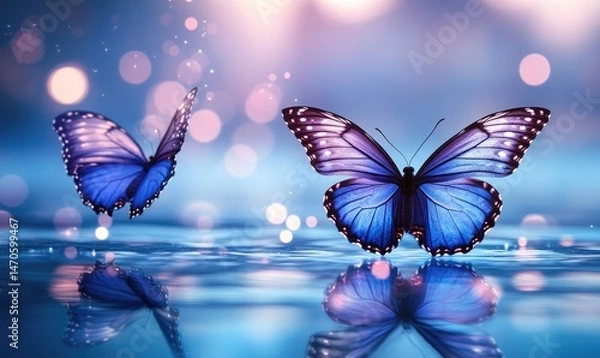 Obraz Two vibrant blue butterflies, mirrored on a water surface, amongst glowing bokeh